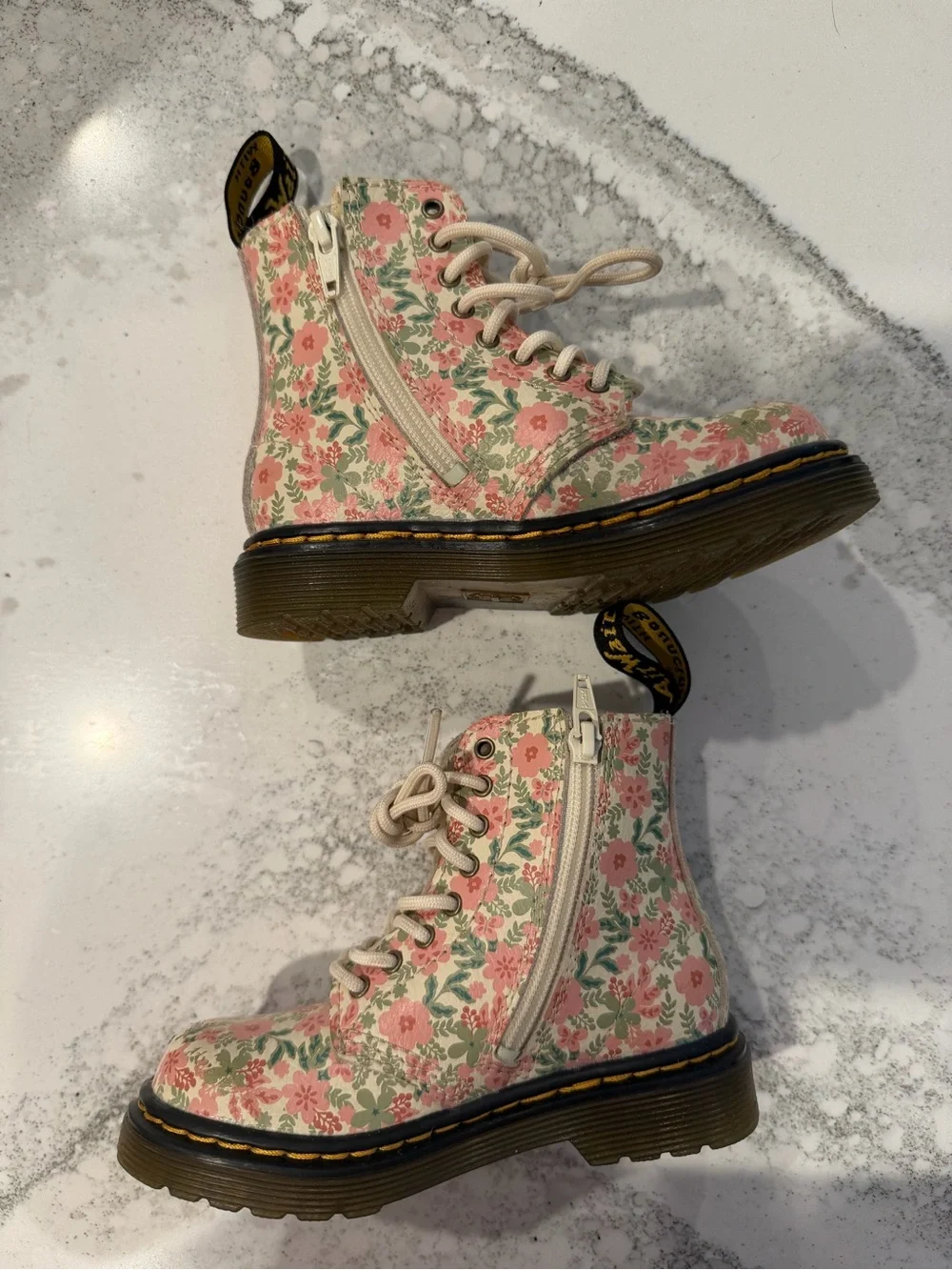 Dr. Martens Kids Floral Lace-Up Boots in Cream and Pink